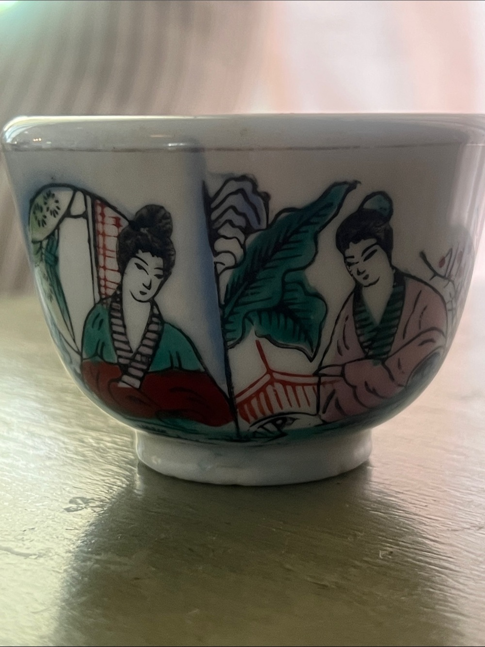 F.S. Louie -Painted Asian Porcelain Tea Cup in White with Multicolor Design